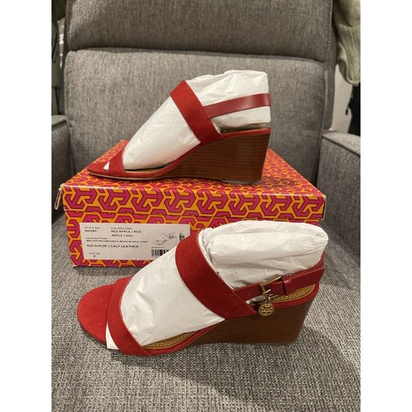 NIB Tory Burch Mini Benton Red Apple Kid Suede Wedge Sandals $298 - Picture 5 of 10